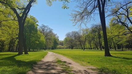 Obraz premium Sunlit Path Through a Lush Spring Park with Dandelions
