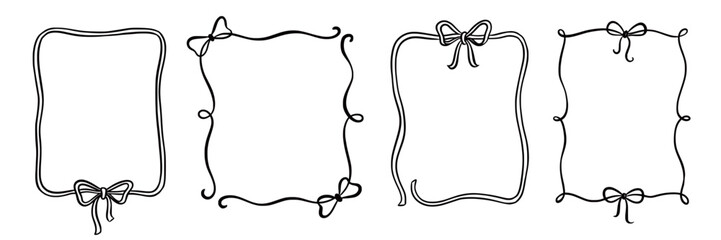 Bow frame ribbon border vintage hand drawn set. Hand drawn doodle sketch style line bow frame decorative black vintage ornament. Elegant doodle holiday, wedding ribbon border. Vector illustration