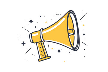a yellow megaphone with black lines and stars