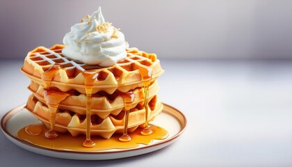 Delicious Waffles with Whipped Cream & Syrup - Close-up food photog.