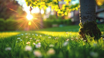 Fototapeta premium Sunlit Spring Meadow with Blooming Flowers and Tree Trunk