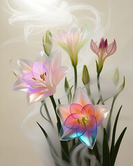 Fototapeta premium A beautiful spectrum of Alstroemerias flowers with delicate, translucent petals illuminated by soft light. Created with generative AI