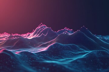 Abstract digital landscape with glowing pink and blue peaks and valleys.