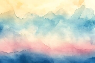 Abstract watercolor painting of misty mountains in soft pastel colors.