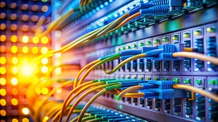 Fototapeta premium Data Center Network: Fiber Optic Connectors, Fibre Channel Switch, and Servers with Bokeh Effect