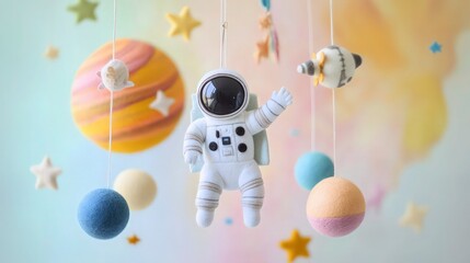 Naklejka premium A handmade baby crib mobile featuring an astronaut crafted from soft, organic fabric, surrounded by colorful felt planets, stars, and a rocket. 