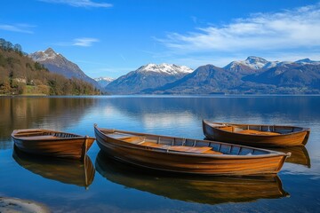 Calm lake with wooden boats and snow-capped mountains under a blue sky.