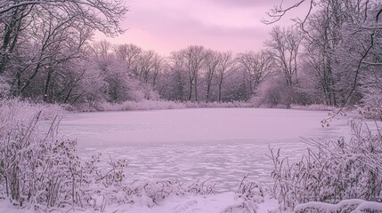 Frozen Pond Winter Landscape Snowy Trees