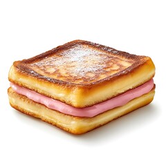 Close-up of a square French toast sandwich filled with a layer of pink strawberry cream.