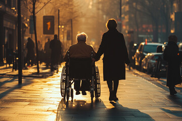 Woman walking alongside elderly lady in wheelchair with soft lighting.