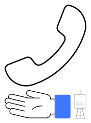 Retro phone receiver held by outstretched hand, blue sleeve, art easel in background. Ideal for communication, support, customer service, art community, creativity technology link help. Line