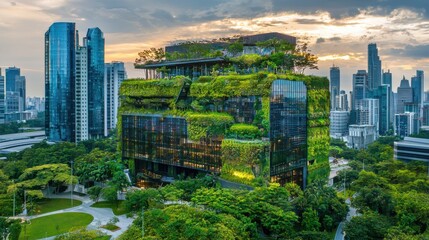 Obraz premium An innovative green building combines nature with modern architecture, showcasing sustainability in an urban landscape.