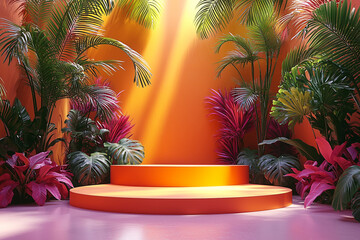Flat cylindrical podium with tropical plants on a yellow background. Display product. Mock up the pedestal.	