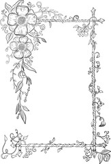 Floral frame with flowers and vines entwining branches. Vector line art in black and white colors.