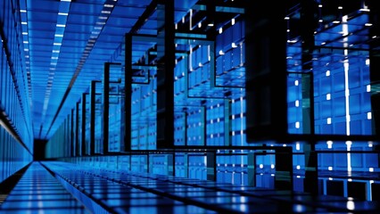 A video shows a futuristic data center with vibrant blue lights. Design