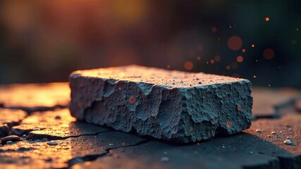 Fototapeta premium Textured Stone Block on Dark Surface with Floating Particles - Dramatic Warm Lighting