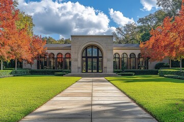Obraz premium Wide-angle shot of the front entrance to an elegant modern mansion in Houston, Texas, with arched windows, beige stone facade, dark wood accents, and lush green grass.
