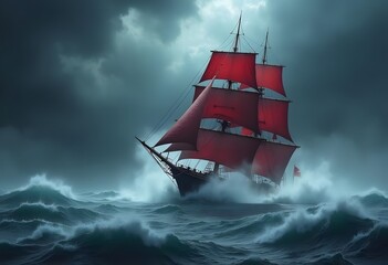 Obraz premium Large Wooden Ship Illustration In Atmospheric Environment 
