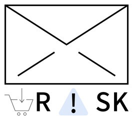 Envelope and stylized hazard sign with RISK text and shopping cart icon. Ideal for cybersecurity, phishing alerts, online safety, email scams, e-commerce risks, digital security, fraud prevention