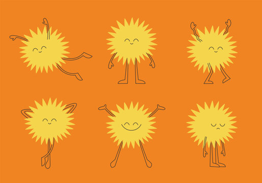 Cute sun in different poses. Character in linear flat style.