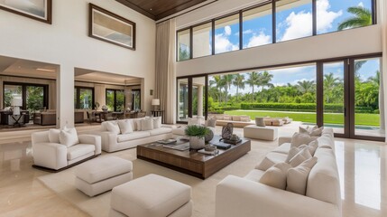 Fototapeta premium Luxurious and Spacious Living Room in a Modern Home with Expansive Windows Overlooking a Beautiful Outdoor Landscape and Greenery