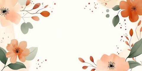 Watercolor floral border design with peach and terracotta flowers and leaves on white background.