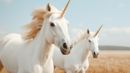 Beautiful cute couple white unicorn horses running in dry grass field and pasture in natural sunset with cloud and blue sky on hill