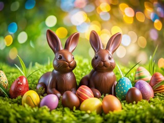 Delicious Chocolate Easter Bunnies & Colorful Eggs on Spring Background
