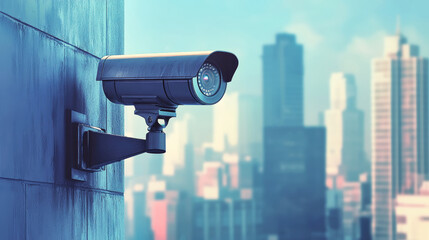 CCTV camera mounted on modern building overlooking a vibrant city skyline under a clear blue sky