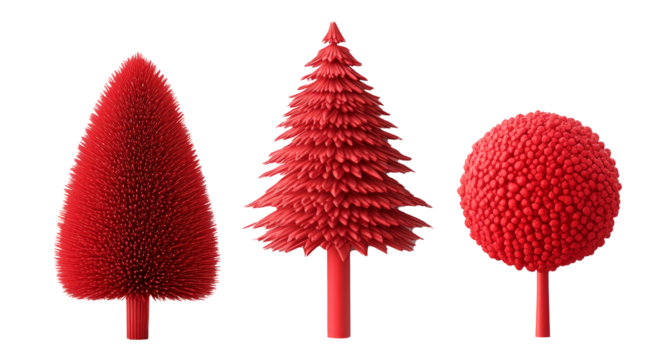 A tall red decorative Christmas tree isolated on white background, symbolizing festive Christmas spirit.