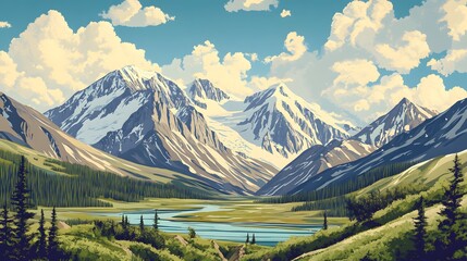 Majestic Snowcapped Mountains River Valley Landscape