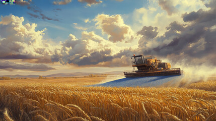 Obraz premium Harvester of blue glowing dots. Harvesting wheat