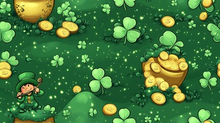 A lively leprechaun playing a flute while dancing atop a golden pot of coins, surrounded by glowing clovers and vibrant green hills, whimsical and magical theme. --ar 16:9 --sref https://s.mj.