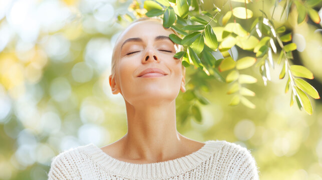 Smiling Caucasian bald woman recovering from cancer is calming down and enjoying a sunny day in garden. Patient female recovering with hope to live in nature.