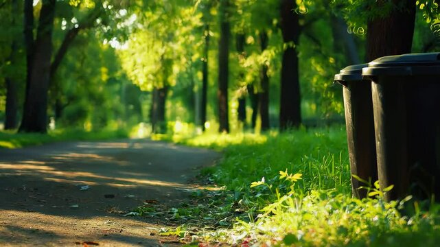 Waste Bins Awareness Concept, Lush Green Trees Along Serene Path with Trash Bins Showcasing Natures Beauty