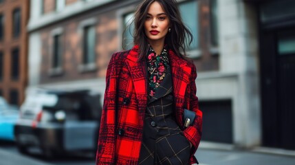 Stylish Woman in Red Plaid Coat, City Street, Confident Pose