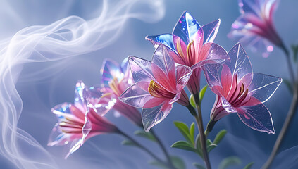 Fototapeta premium A beautiful spectrum of Alstroemerias flowers with delicate, translucent petals illuminated by soft light. Created with generative AI