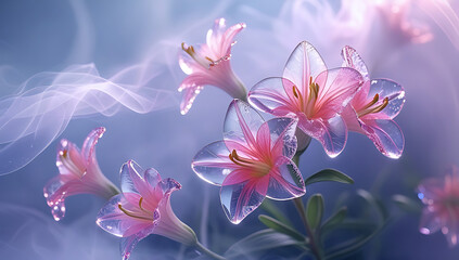 Fototapeta premium A beautiful spectrum of Alstroemerias flowers with delicate, translucent petals illuminated by soft light. Created with generative AI