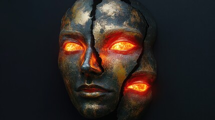A latex mask featuring three faces fused into a single form, glowing red and gold accents, isolated on a dark background