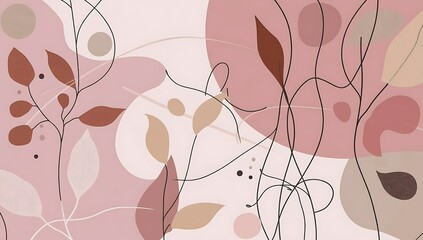 Abstract art print with minimalist line drawing of leaves and branches in autumnal colors on a pink background.