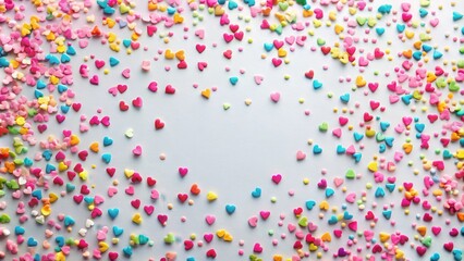 Obraz premium Colorful confetti with tiny pink hearts scattered across a white background, creating a playful and celebratory atmosphere , special day, gesture