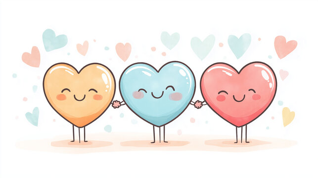 A simple cartoon drawing of three cute, smiling hearts holding hands, set against a white background with pastel colors.
