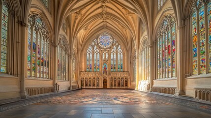 Obraz premium An intricate view of the Chapel of the Constables, showcasing its ornate Gothic arches and stained glass windows, bathed in soft light