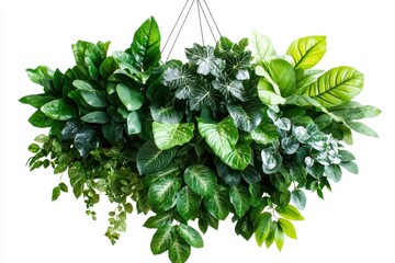 Lush hanging green foliage plant arrangement, isolated on white.