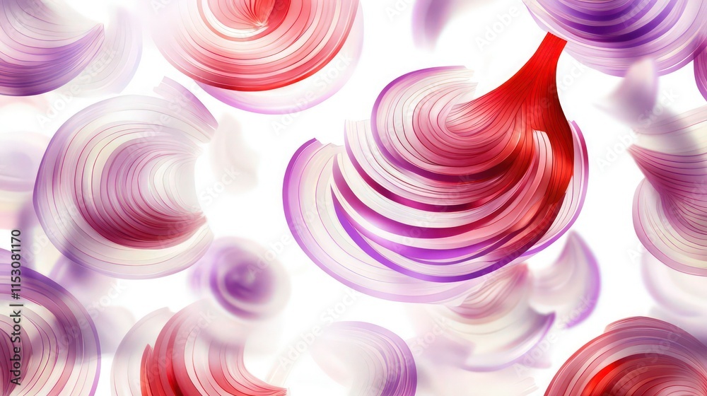 Poster a vector illustration of a fresh red onion sliced into thin, circular layers, each layer showcasing 