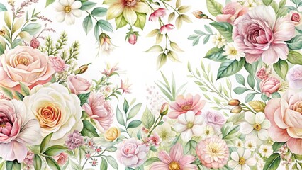 Fototapeta premium Delicate, hand-painted floral pattern on white background with various types of flowers like roses, lilies and daisies in soft pastel colors, garden style, gentle hues