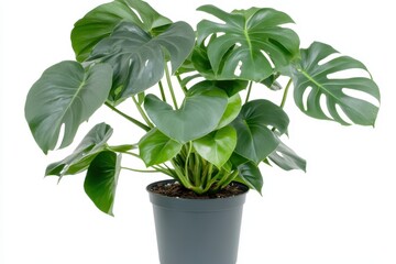 Lush green Monstera deliciosa plant in a dark gray pot, isolated on white background. (2)