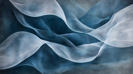 Obraz premium Abstract composition featuring flowing translucent white waves over textured blue background, evoking sense of calm and fluidity