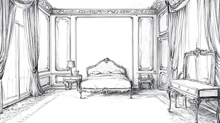 Fototapeta premium Elegant Hand-Drawn Sketch: Classic Bedroom Interior Design Illustration. AI Generated