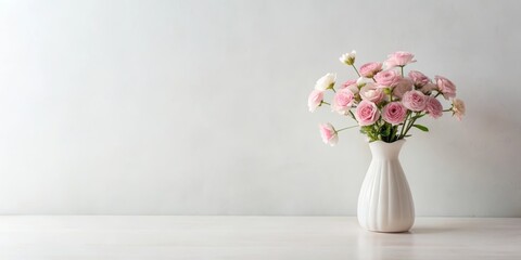 Fototapeta premium Soft pink flower arrangement in a minimalist vase on a plain white surface, pink flowers